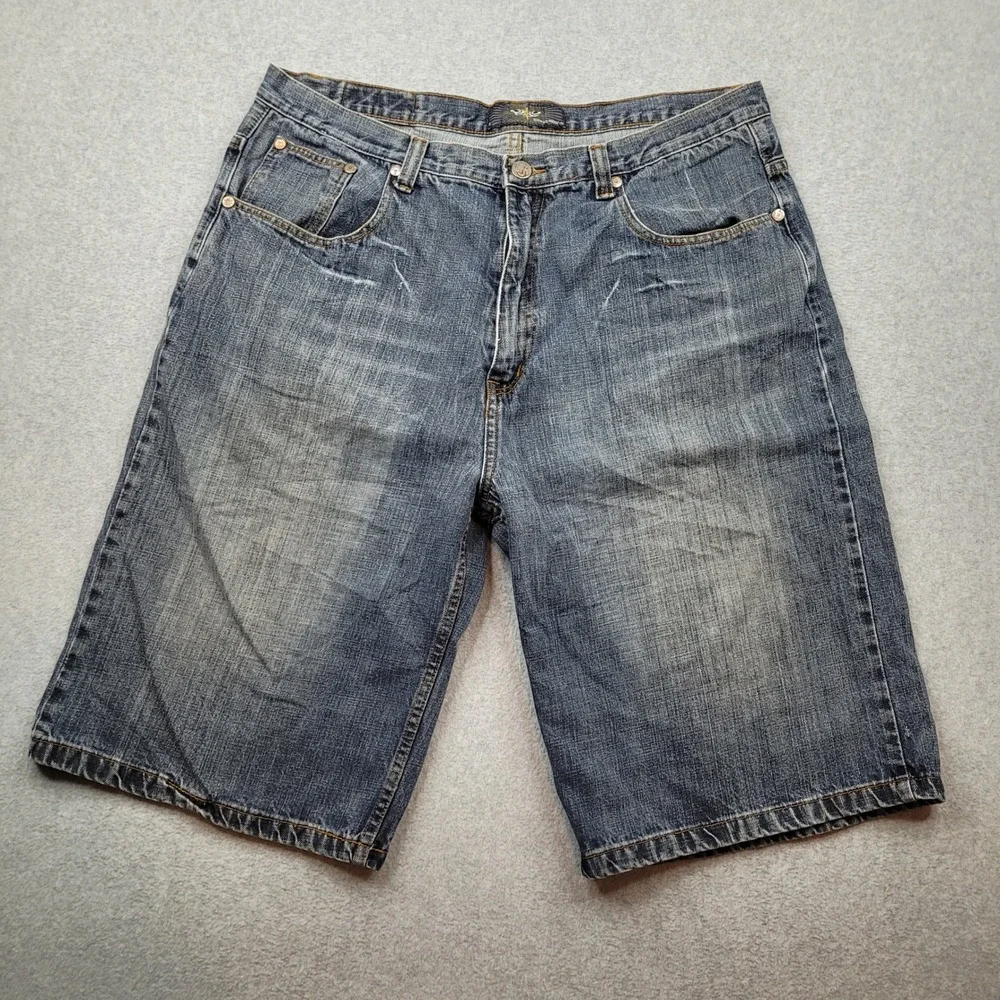 Y2K Jean Shorts Mens 42 Blue Embroidered Baggy Skater Hip Hop Denim